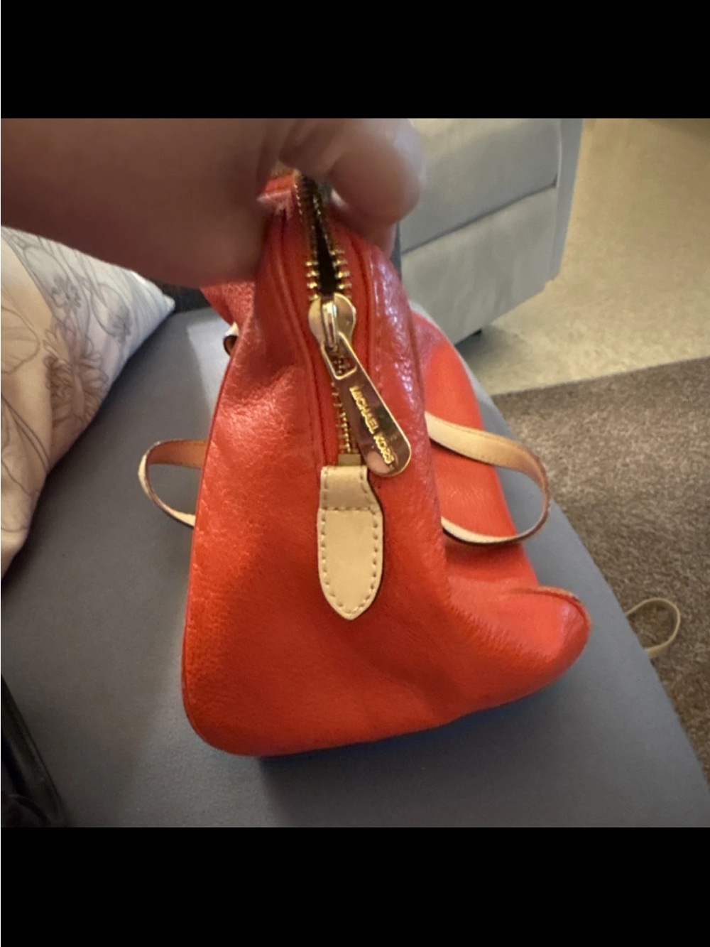 Michael Kors Orange Leather Satchel with Tan Handles and Gold MK Charm - Picture 7 of 7